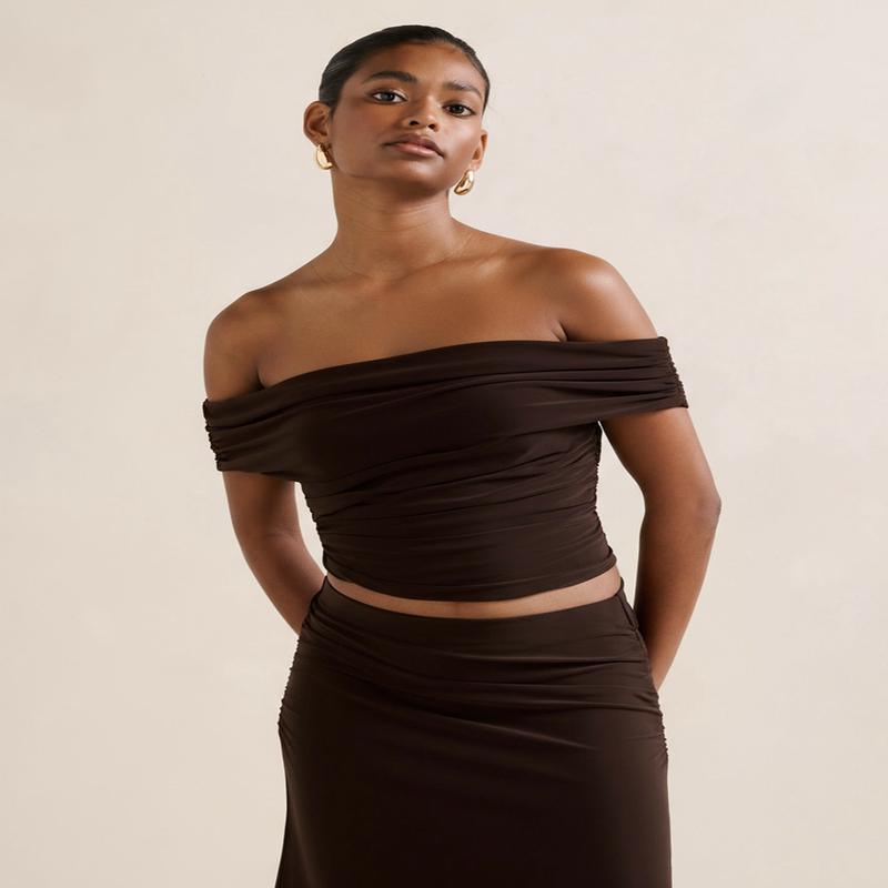 Mimi Petite Off Shoulder Top - Bitter Chocolate Co-ord
