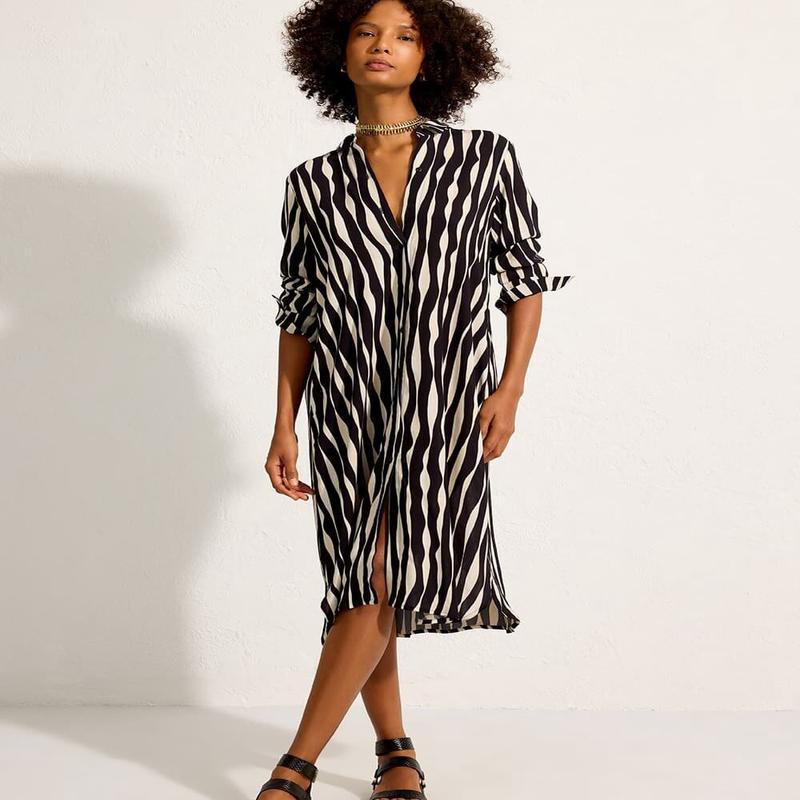 Round Hem Midi Chemisier Shirt Dress Waves