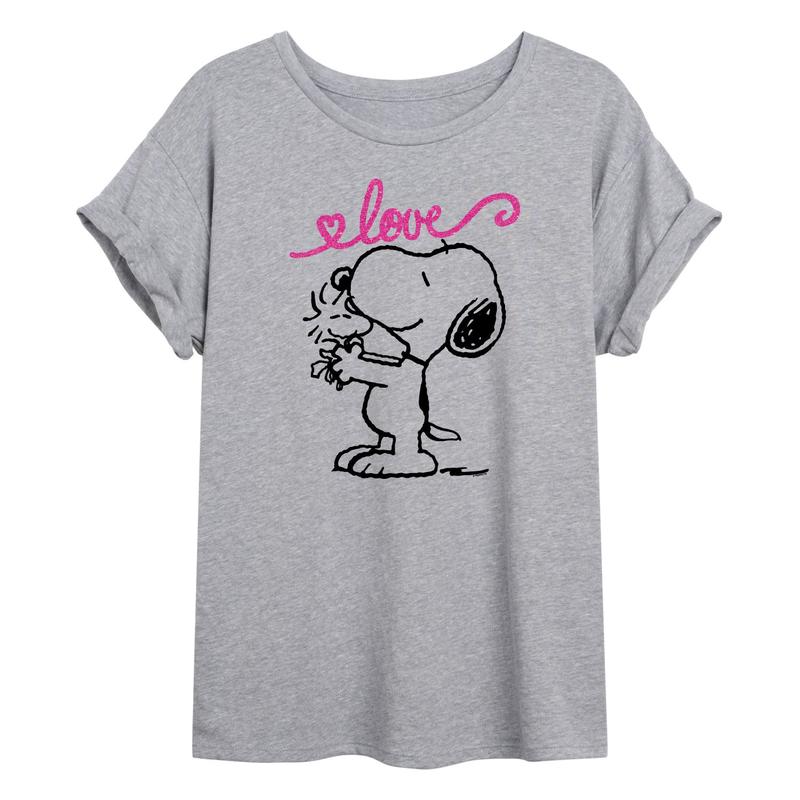 Peanuts - Love Snoopy and Woodstock - Juniors Oversized Graphic T-Shirt