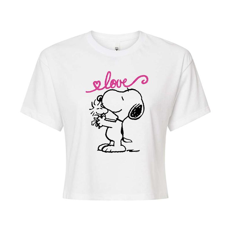 Peanuts - Love Snoopy and Woodstock - Juniors Cropped Graphic T-Shirt