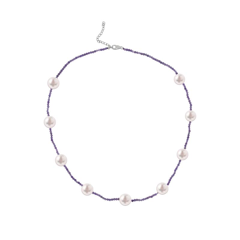 V3 Jewelry Freshwater Pearl and Amethyst Sterling Silver Station Necklace