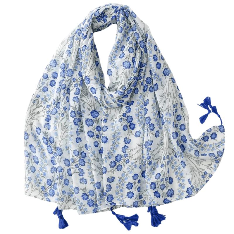 Delicate Blue Floral Print Tassel Scarf