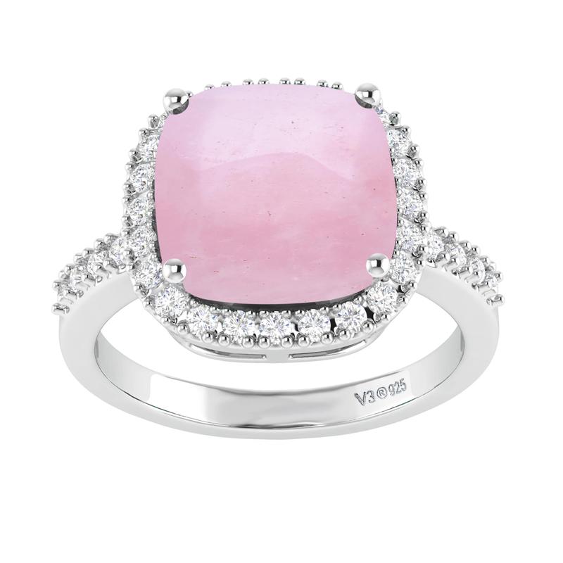 V3 Jewelry Natural Pink Opal and White Topaz Sterling Silver Halo Ring
