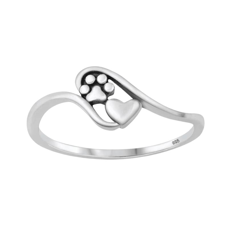 Sterling Silver Heart Paw Print Bypass Ring