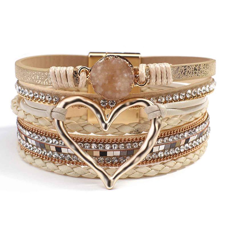 Tan Faux Leather Heart Multi-strand Bracelet