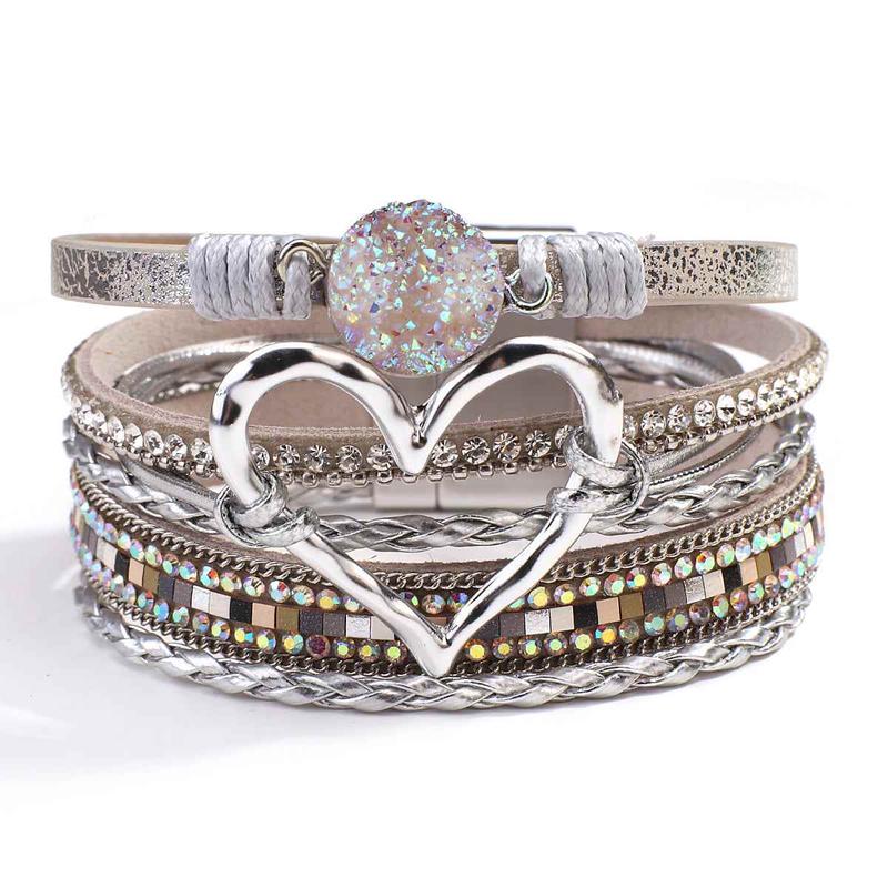 Light Grey Faux Leather Heart Multi-strand Bracelet