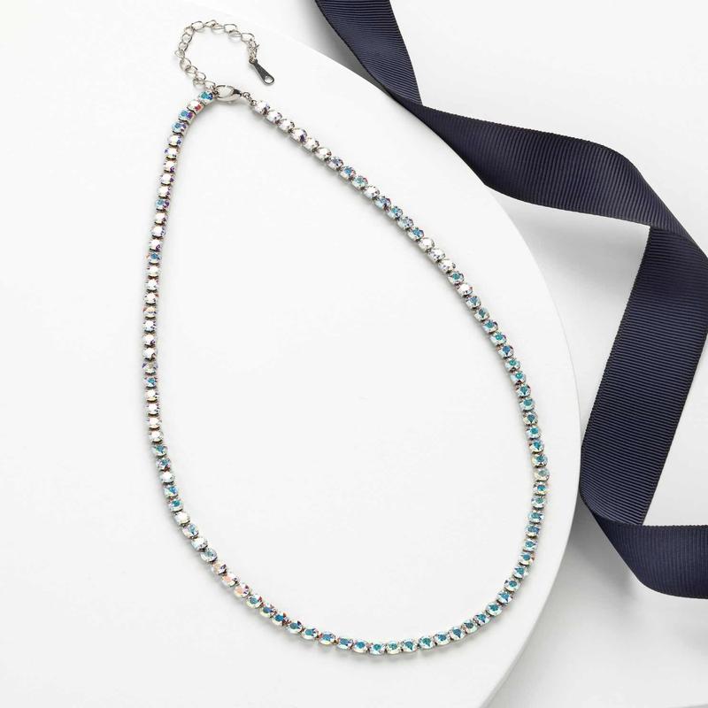 Silvertone Swarovski Crystal Necklace  Aurora Borealis Crystal Tennis Necklace By callura