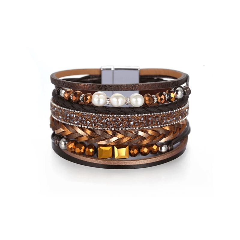 Metallic Brown Braided & Crystal Freshwater Pearl Multi Strand Bracelet
