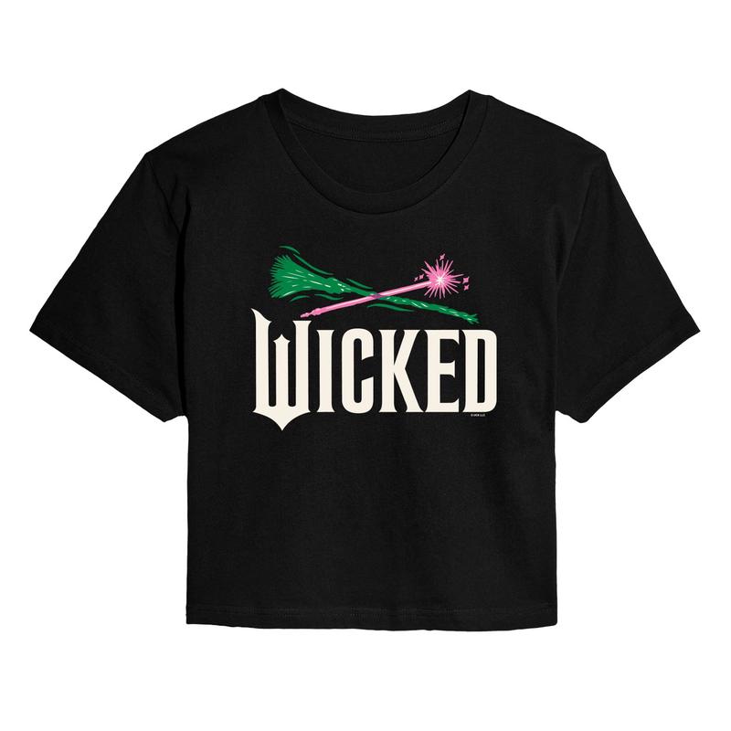 Wicked: Part 2 -  Wand And Broomstick Logo - Juniors Cropped Short Sleeve Graphic T-Shirt