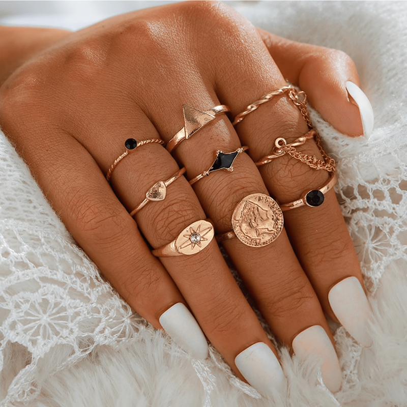 Goldtone Black Ring Set
